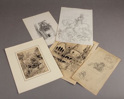 Albert ROBIDA (Five drawings). Three pen and ink drawings signed, representing a...