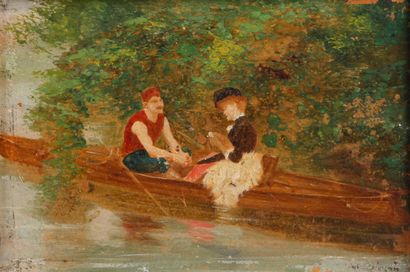 École française début XXe siècle 
Couple on a boat
Oil on panel.
9,5 x 14 cm
(Wooden...