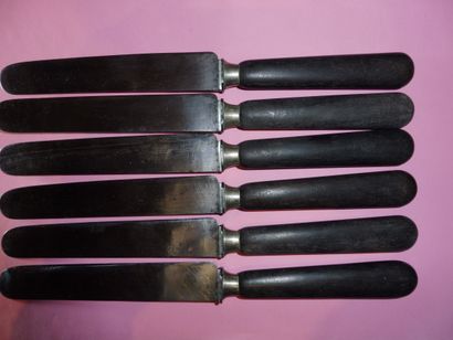 SIX LARGE KNIVES blackened wood handle brass...