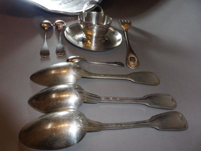 null LOT INCLUDING: 3 spoons, 1 fork, 2 coffee spoons, a napkin ring, 2 bowls, silver...