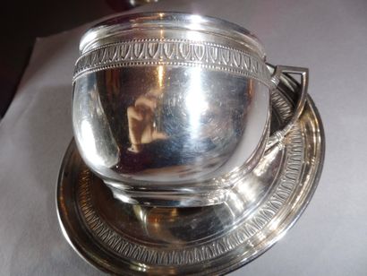 null COFFEE CUP and its SUB-CUP decorated with friezes of water leaf in silver, manufacturer...