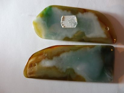 null TWO rectangular blade-shaped pendants with green vein jade, 8.3 x 3.2 cm ea...