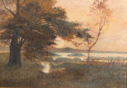 Ivan KOWALSKY (1839-1937) Coucher de soleil sur un lac Aquarelle sur papier collé...