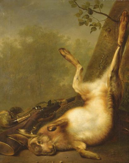 Johannes ESMAN (Hilversum 1793 -?) Trophée de chasse au lièvre
Huile sur toile d'origine,...