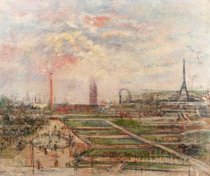 Ecole Moderne Imaginary view of Paris Oil on canvas, with a trace of an illegible...