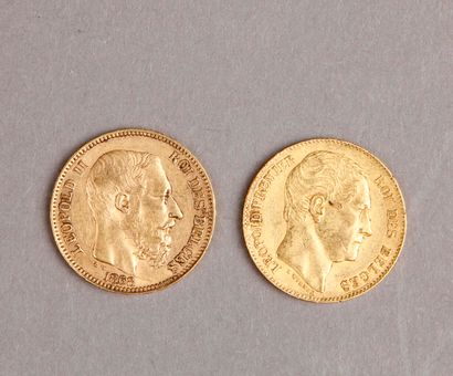 null DEUX PIÈCES de 20 Francs or Suisse: Léopold Ier et Léopold II, 1865 et 1868...