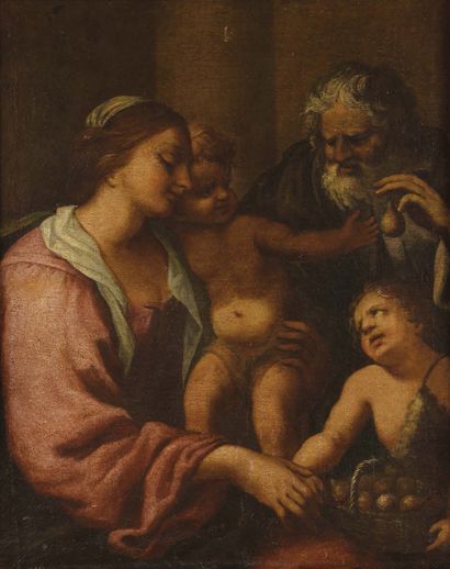 ECOLE GENOISE Milieu du XVIIe siècle La sainte famille avec le petit saint Jean à...