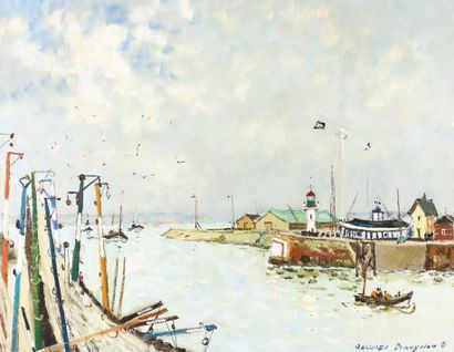 Jacques BOUYSSOU (1926-1997) Honfleur, entrée du port
Huile sur toile.
73 x 92 c...