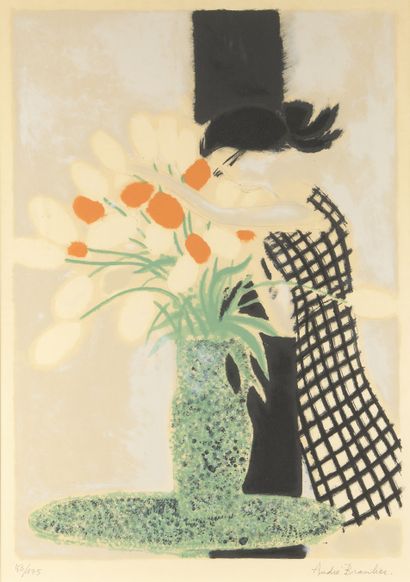 André BRASILIER (né en 1929) Femme au bouquet de fleurs Lithographie couleurs, signée...