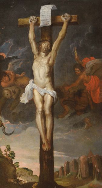 École Française du XVIIe siècle Le Christ en croix Huile sur toile (Rentoilage)....
