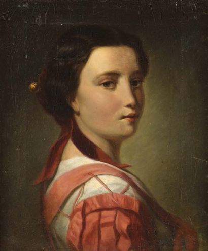 École du XIXe siècle Portrait de jeune femme Huile sur toile. (Accidents et restaurations)....