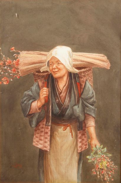Ryuko TSUTAYA (1868-1933) Ramasseuse de fleurs Aquarelle, signée en bas à gauche....