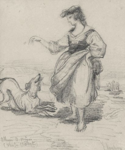 Ecole fin XIXe-début XXe siècle Femme au chien Dessin au crayon noir, porte une signature...