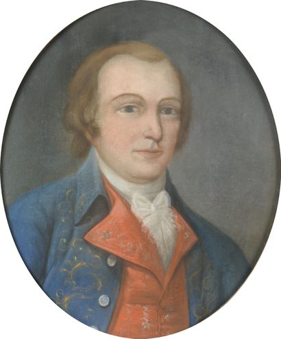 ECOLE FRANÇAISE début du XIXe siècle Portrait d'homme aux yeux bleus, gilet rouge...