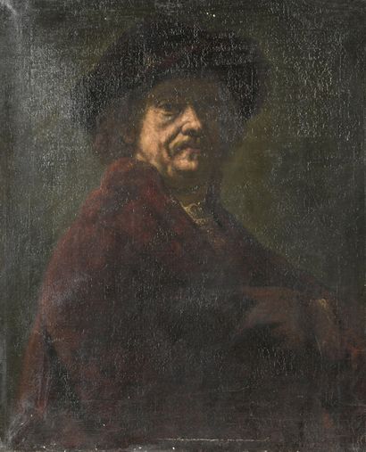 Herman van Rijn REMBRANDT (1606-1669) D'après Portrait de Rembrandt à la toque Huile...