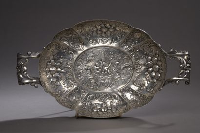 null BIN with handles in silver embossed with love and foliage in a central medallion,...