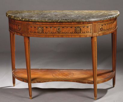 null TABLE CONSOLE de forme demi-lune en marqueterie d'ébène, noyer et bois fruitier,...