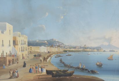 École italienne Animated Bay of Naples
Gouache on paper.
(Mottling). 
 30 x 43 cm
Under...