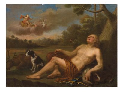 Ecole française fin du XVIIe siècle Adonis endormi près de ses chiens visé par la...