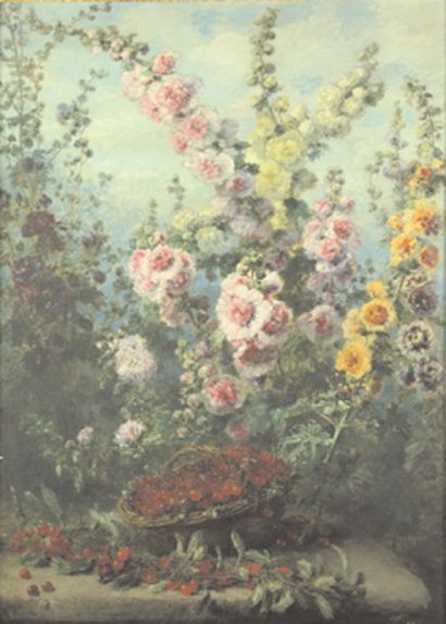 Alexis KREIJDER (1839-1912) Nature morte aux roses trémières et panier de cerises...