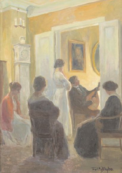 Fritz NYBO (1869-1929) Le concert au salon Sur sa toile d'origine. Signé en bas à...