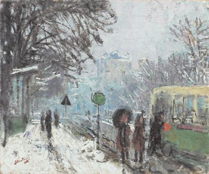 Pierre Eugène MONTEZIN (1874-1946) Boulevard Bineau sous la neige Huile sur toile,...