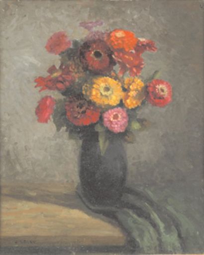 Jules LELEU (1883-1961) Bouquet de zinnias Huile sur panneau. Signée en bas à gauche....