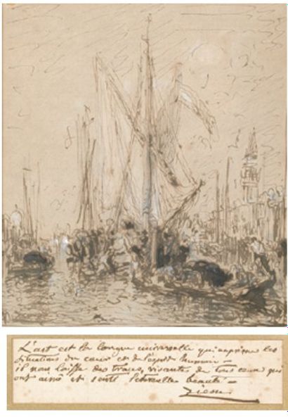 Félix ZIEM (1821-1911) Bateaux à Venise Encre de Chine et lavis. Dédicacé et signé...