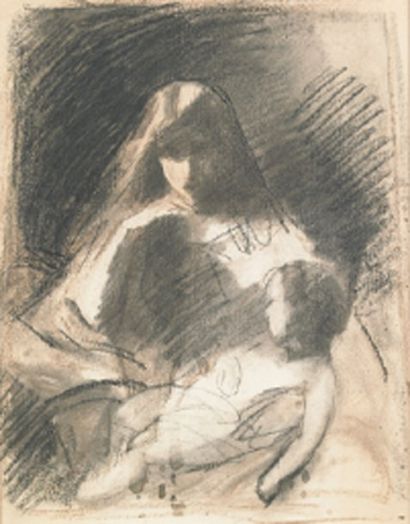 Jean Jacques HENNER (1829-1905) Femme et enfant Dessin au crayon. 30 x 24 cm