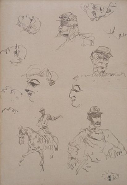 Henri de TOULOUSE-LAUTREC (1864-1901) Etude de têtes et de cavalier Dessin à la plume....