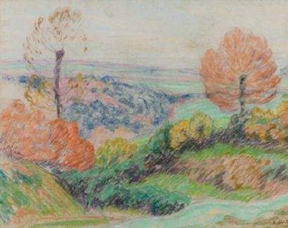 Léon DETROY (1857-1955) Paysage Pastel, signé en bas à droite (rousseurs) 46 x 61...