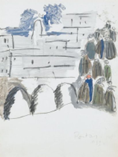 Henri PONTOY (1888-1968) Etude de personnages devant la ville Crayon et gouache....