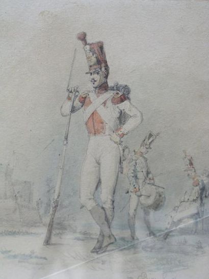 LAMI EUGENE (1800-1890) Les soldats Aquarelle, signée en bas à droite. 16,5x13cm...