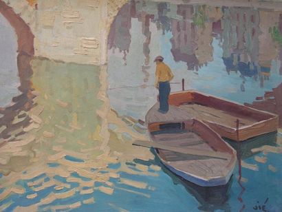 VIE GABRIEL (1888-1973) Le pêcheur sous le pont Huile sur isorel, signé en bas à...