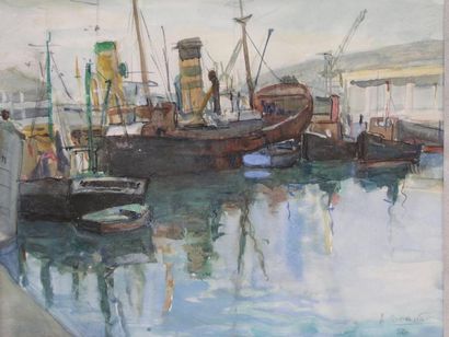 SORIN A. Les bateaux au port, 1956 Aquarelle, signée en bas à droite. 22x27cm