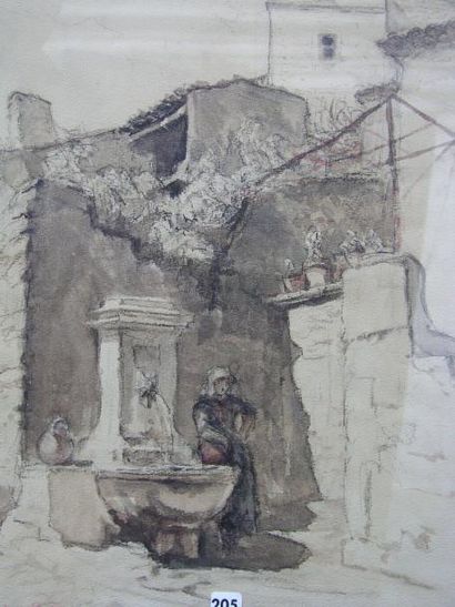 PRAT LOYS (1879-1934) Vieille fontaine à Grignan Aquarelle, signée en bas à gauche....