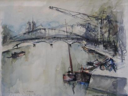 GIRARD MARIUS Paris, Le quai de Bercy Aquarelle, signée en bas à gauche. 38x45cm