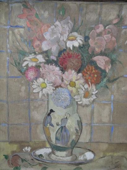 COUDOUR HENRY Vase de fleurs Huile sur toile, signée en bas à droite. 55x46cm