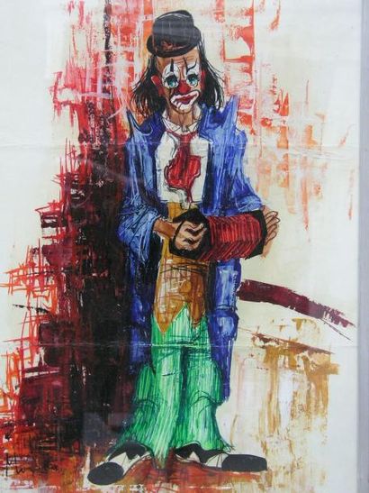 ECOLE FRANÇAISE XX SIECLE Le clown musicien Huile sur papier, porte une signature...