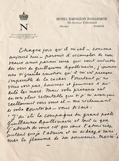 CARCO (Francis) Manuscrit autographe; une page in-8 sur papier à en-tête de l'Hôtel...