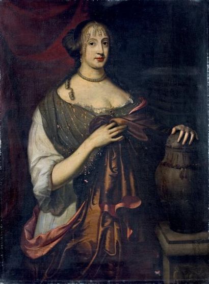 École anglaise vers 1660, ent. de Peter LELY Portrait de femme la main sur une urne...