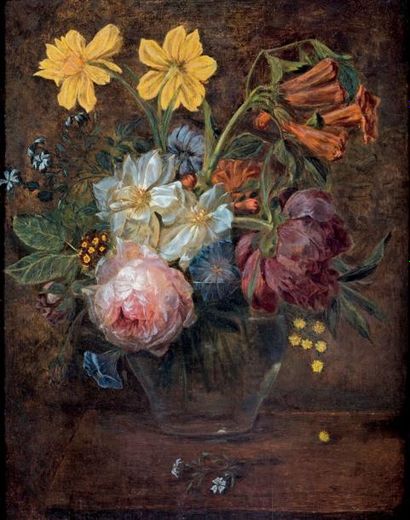 Joseph Laurent MALAINE (1745 - 1809) Bouquet de fleurs dans un vase Panneau biseauté....