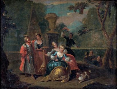 Attribué à Frans Xavier Hendrik VERBEECK (1686 - 1755) Scène galante dans un paysage...