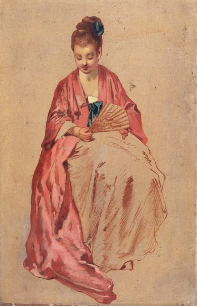 Attribué à Charles CHAPLIN Jeune femme à l'éventail Huile sur papier 26 x 16,5 cm...