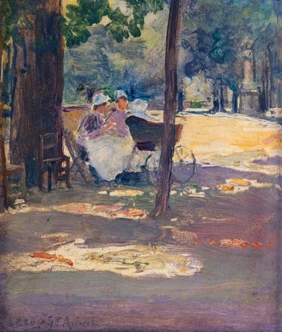 Charles LEROY-SAINT-AUBERT (Lille 1856 - 1907) Nourrices dans un parc Huile sur panneau....