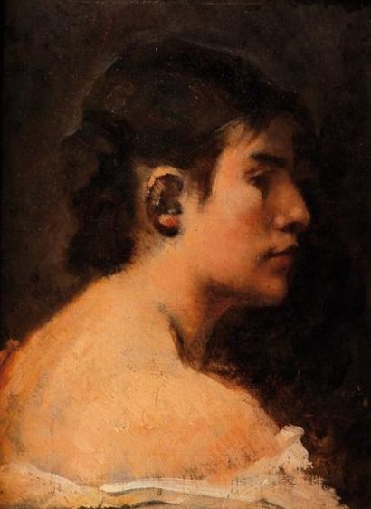 Alexandre FALGUIÈRE (1831-1900) Portrait de femme de profil Huile sur papier marouflé...