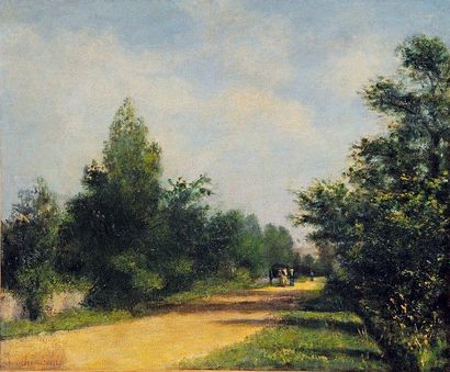 Antoine CHINTREUIL (1816-1873) La Charette sur la route Huile sur toile, signée en...