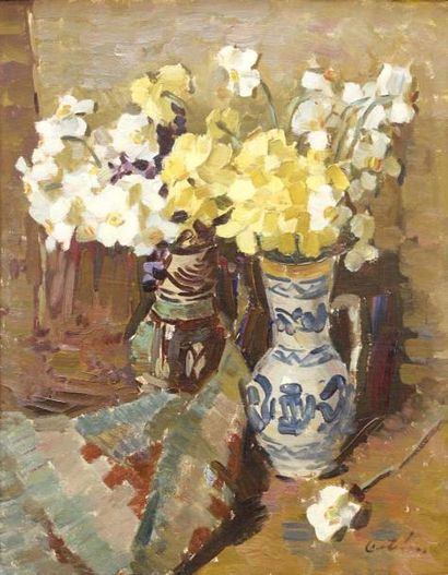 Eugène Henri CAUCHOIS (1850-1911) Deux vases fleuris Huile sur isorel, signée en...