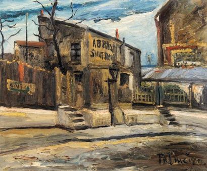 José PALMEIRO (1901-1984) Scène de ville, la place à l'Abri Huile signée et datée...
