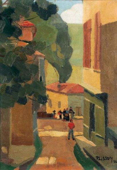 H. PLISSON (1908-2002) Rue animée, 1936 Huile sur toile signée et datée 1936. 33...